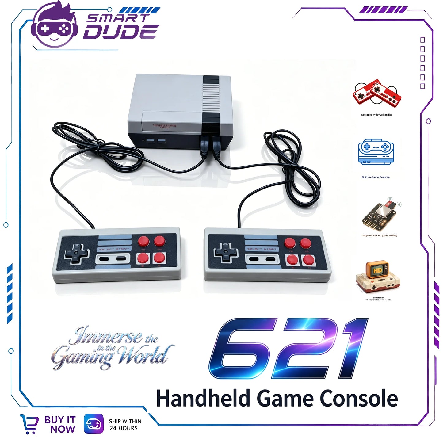 Retro Family HD Video Classic Game Console Built-In 621 Games HD Output with Two Wired Controller TF Card Loading Games